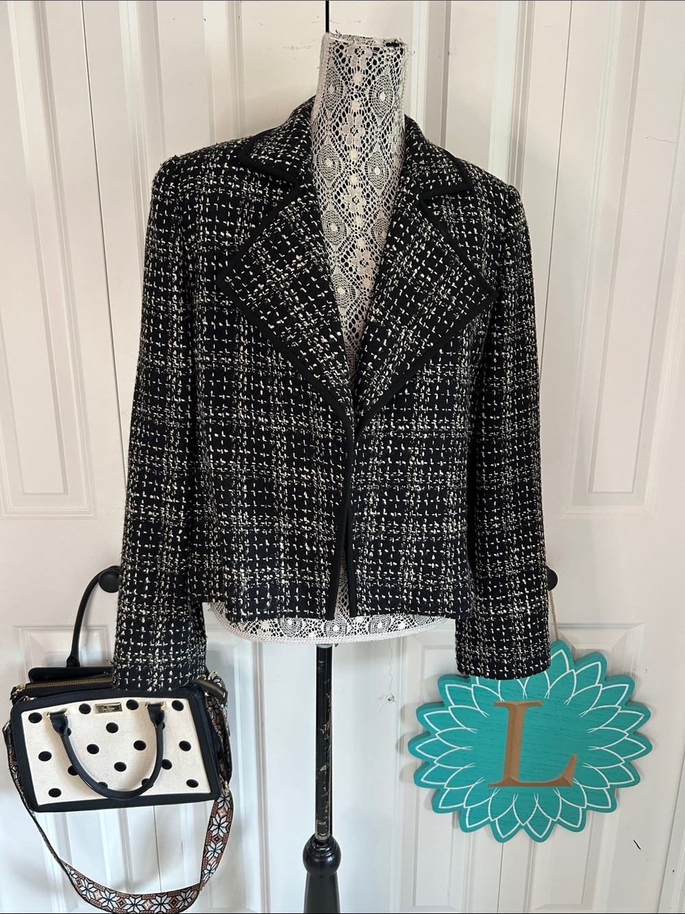 Linda Allard Ellen Tracy B&W Wool Blend Tweed Blazer Cardigan Jacket Size 12